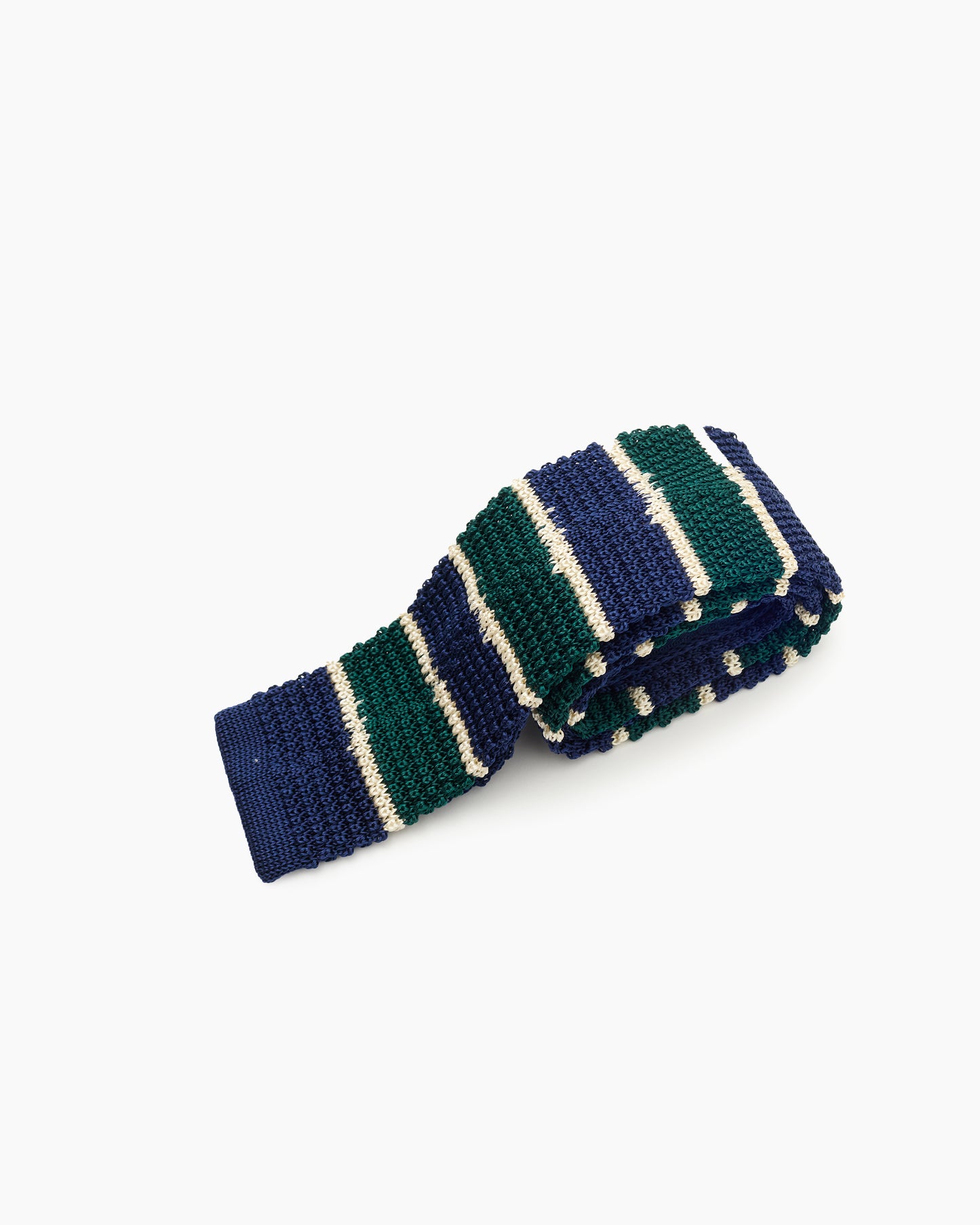 Silk Knitted Tie - Navy Green & White Stripe