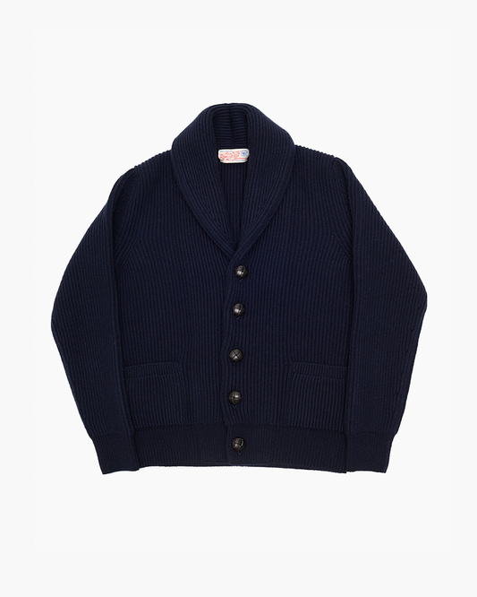 Navy Ribbed Shawl Collar Cardigan