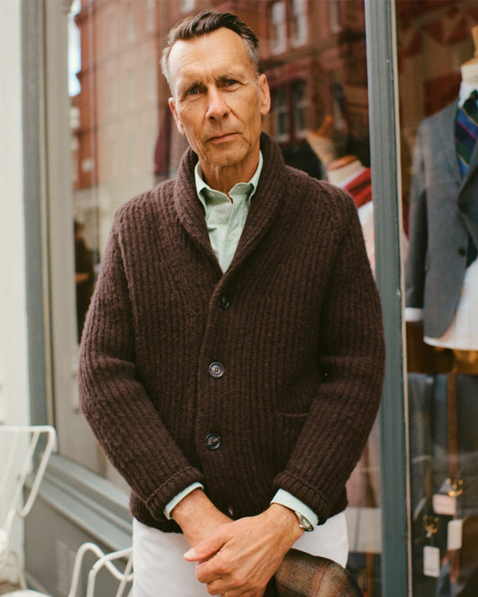 Coffee Ribbed Shawl Collar Cardigan