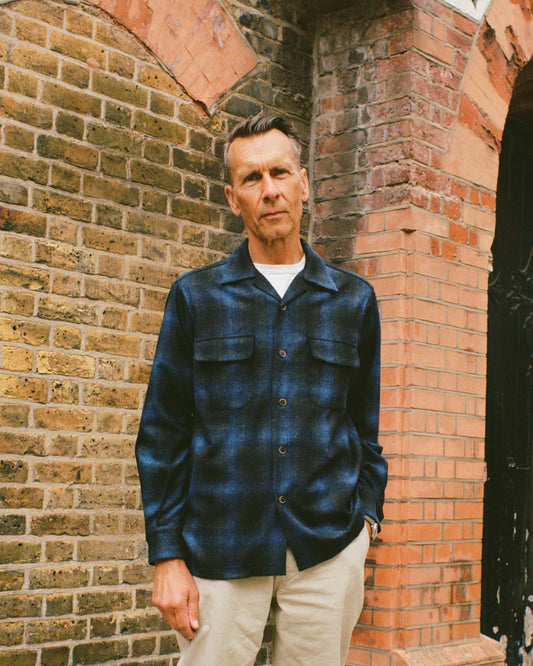 Navy Wool Shadow Plaid Camp Collar Overshirt