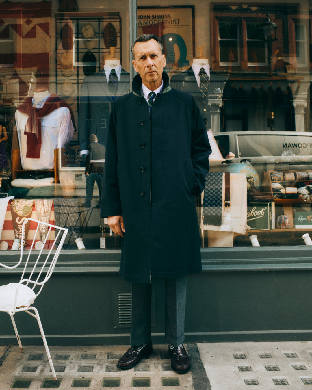 Navy Reversible Wool Cotton Gabardine Overcoat