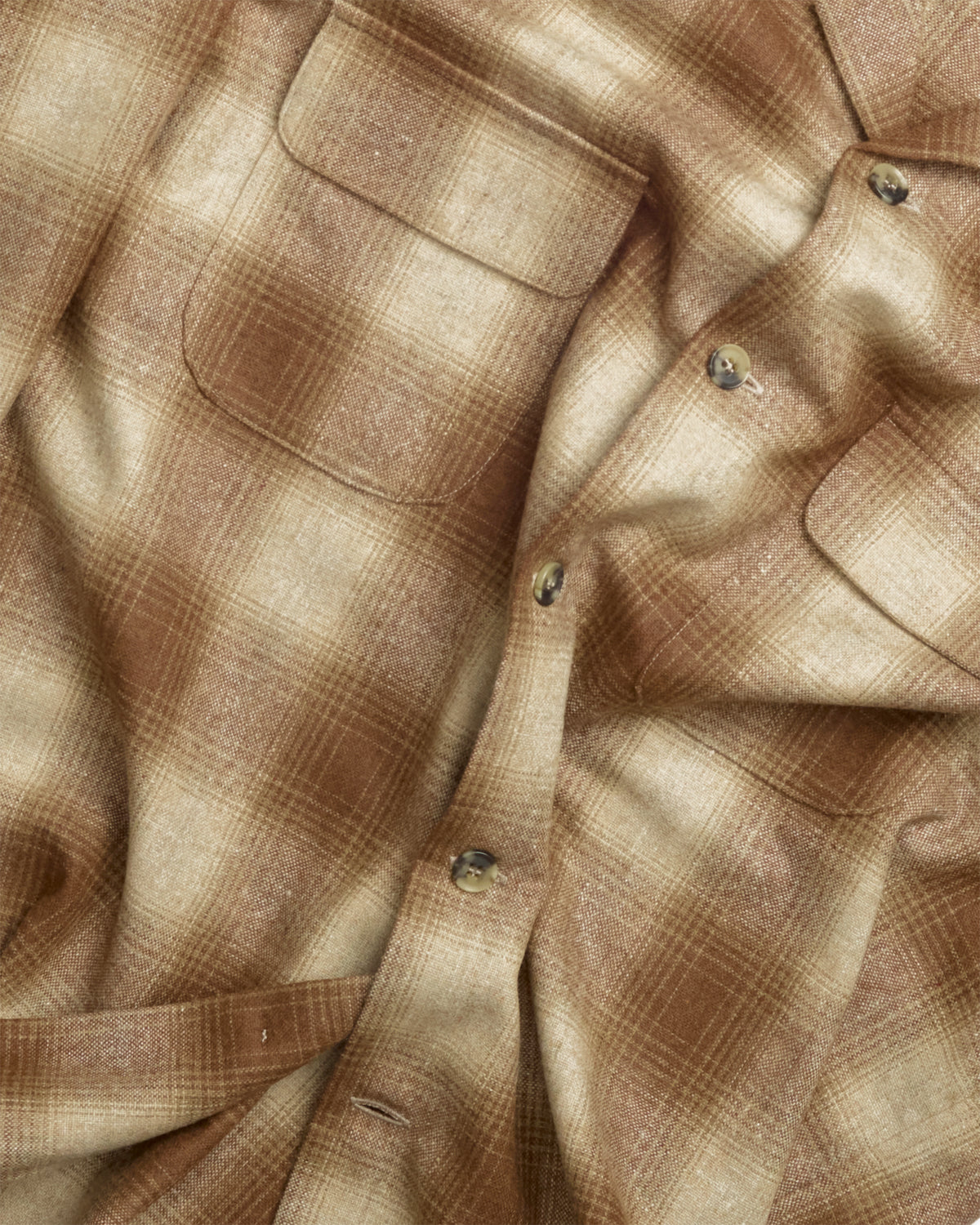 Brown Wool Shadow Plaid Camp Collar Overshirt
