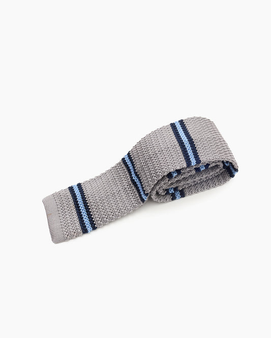Silk Knitted Tie - Grey & Tonal Blue Stripe