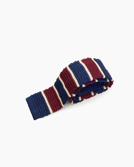 Silk Knitted Tie - Navy Red & White Stripe