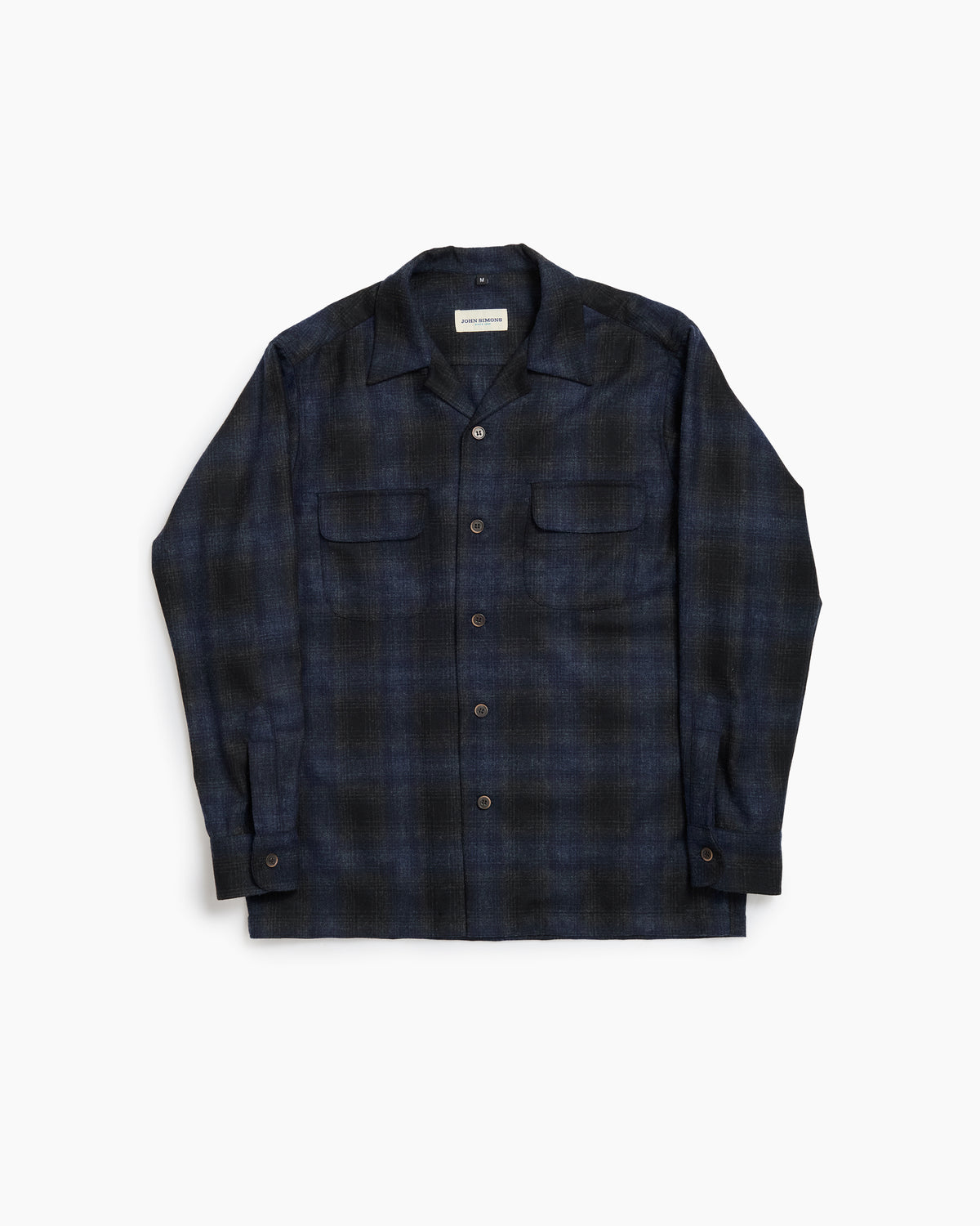 Navy Wool Shadow Plaid Camp Collar Overshirt