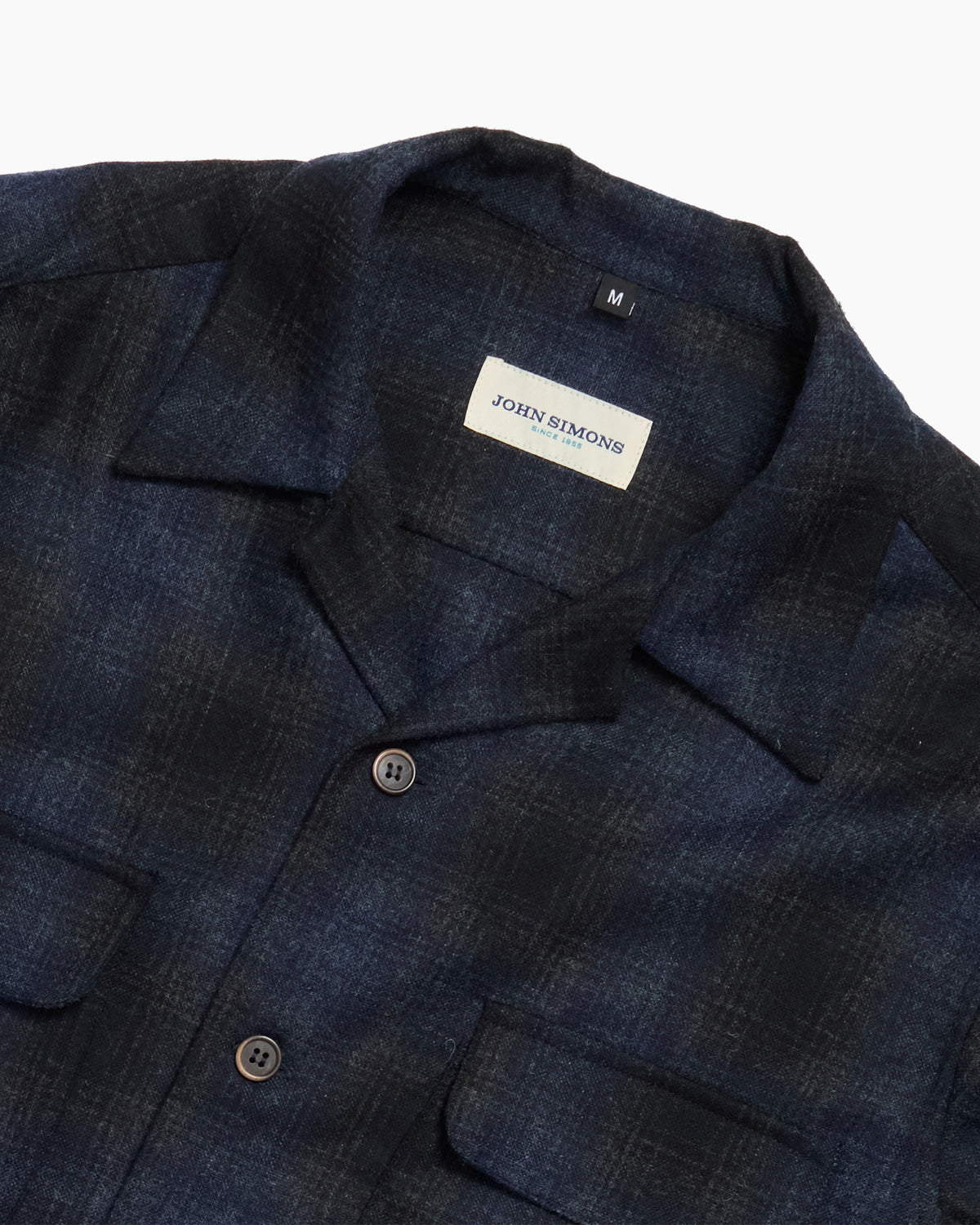 Navy Wool Shadow Plaid Camp Collar Overshirt