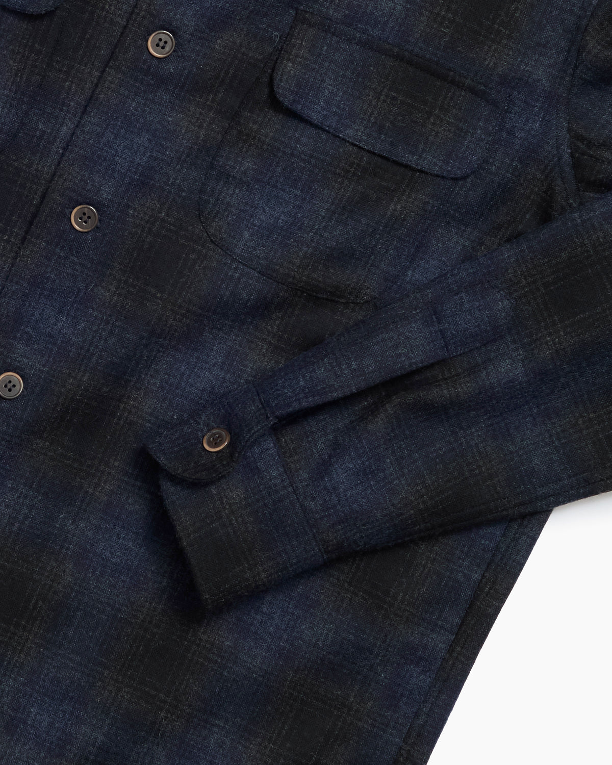 Navy Wool Shadow Plaid Camp Collar Overshirt