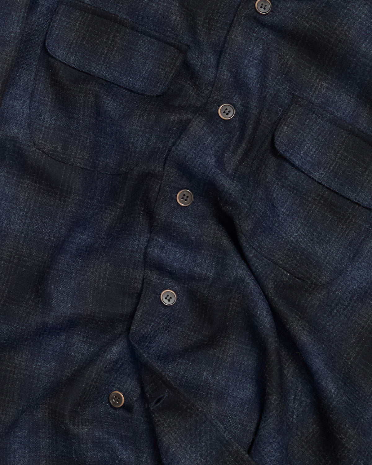 Navy Wool Shadow Plaid Camp Collar Overshirt