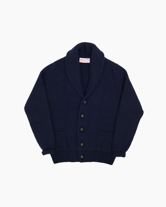 Navy Ribbed Shawl Collar Shetland Cardigan
