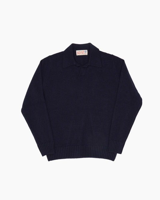 Navy Knit Shetland Fly Polo Jumper