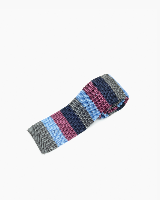 Silk Knitted Tie - Burgundy, Grey & Blue Stripe